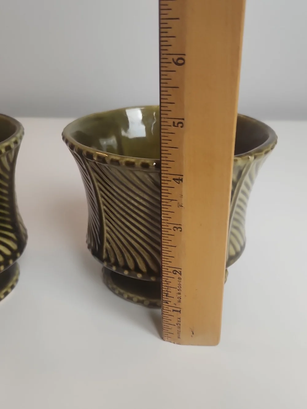 Vintage McCoy Floraline Pottery Planters Avocado Green Swirl Set Of 2